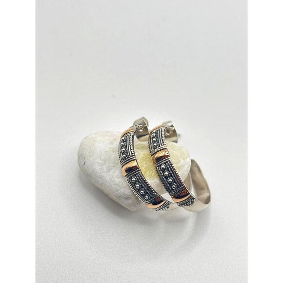 18K Sterling Silver Gold Hoop Earrings Filigree Design - Picture 5 of 10